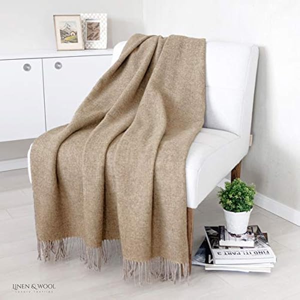 LINEN & COTTON Plaid di Lusso Stile Rustico Coperta/Copriletto/Coperte Esther - 100% Lana Merinos Superfine, Marrone/Naturale (140 x 200cm), Adatto per Letto o Divano, Singolo/Matrimoniale